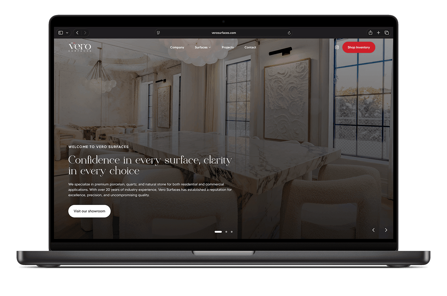 Vero Surfaces homepage with a full-bleed marble hero